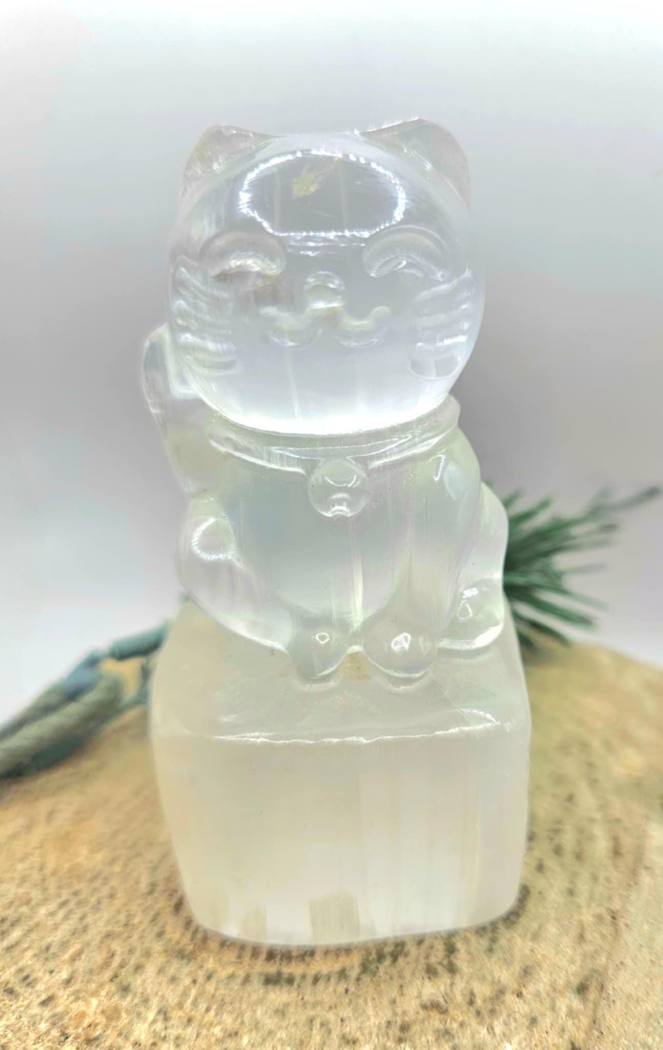 Premium Grade Nature Selenite Hand Carved 4" Fortune Cat Figure