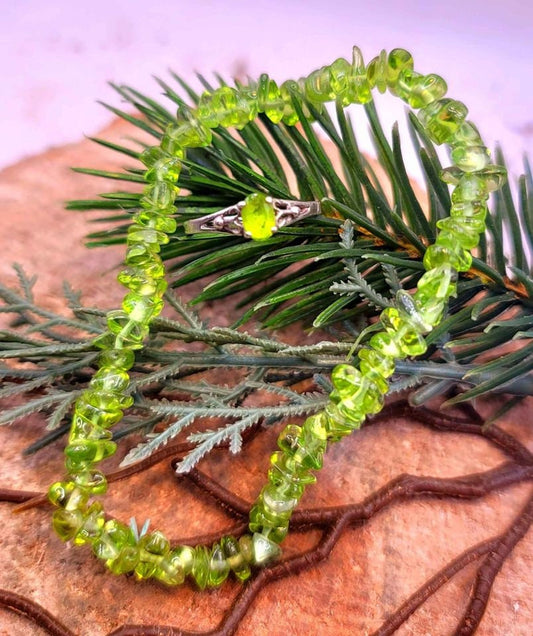 Beautiful Nature Green Peridot Bracelet & Sterling Silver Ring 2pcs Set