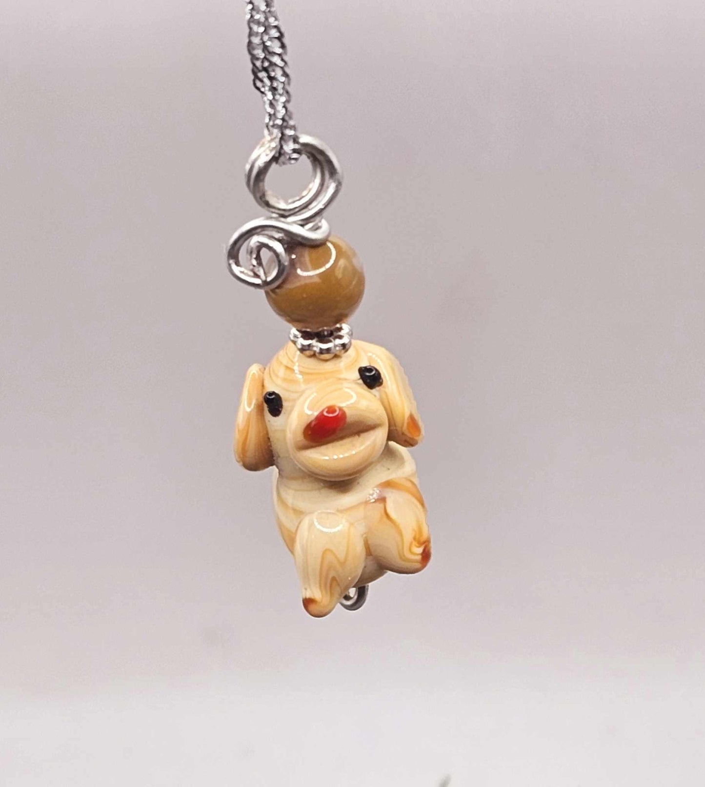 Cute Venetian Glass Hand Blown Dog & Agate Pendant Necklace