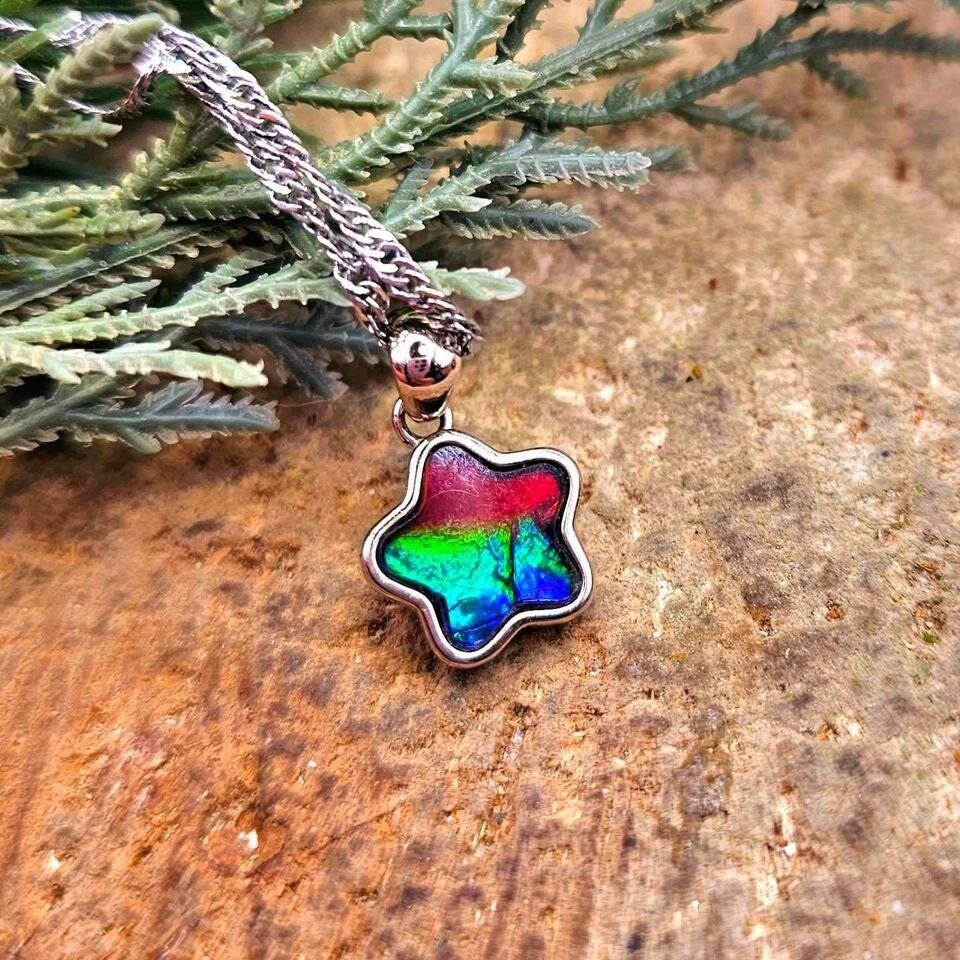 Premium Grade Nature Canadian Ammolite 925 Star Pendant Necklace