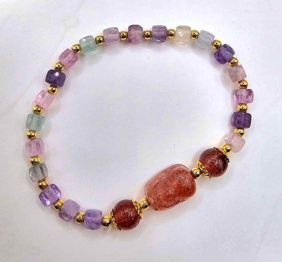 Nature Mixed Colors Fluorite Strawberry Quartz Pi Xiu Bracelet