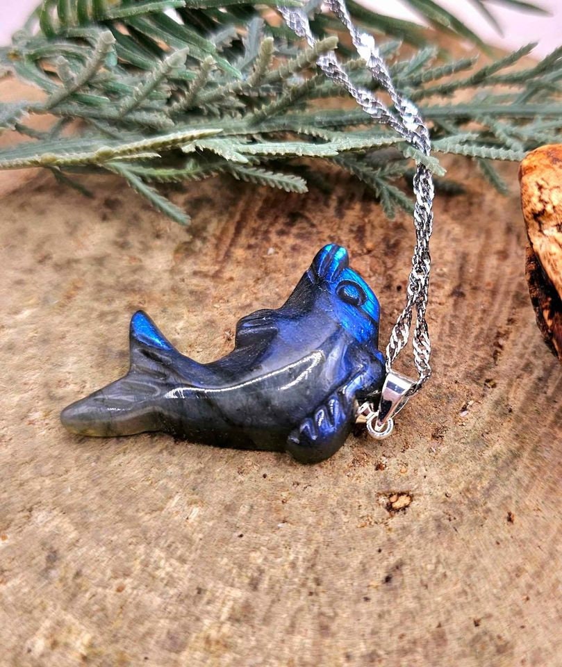 Nature Labradorite Carved Flashy Cute Dolphin Pendant Necklace