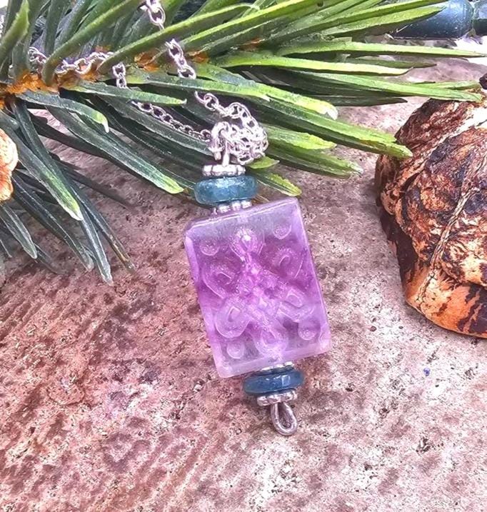 Nature Fluorite Carved Fret Symbols Cube Pendant Necklace