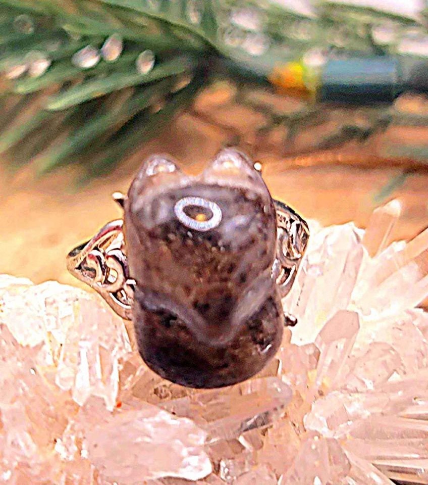 Beautiful Nature Phantom Quartz Hand Carved Fox Adjustable Ring