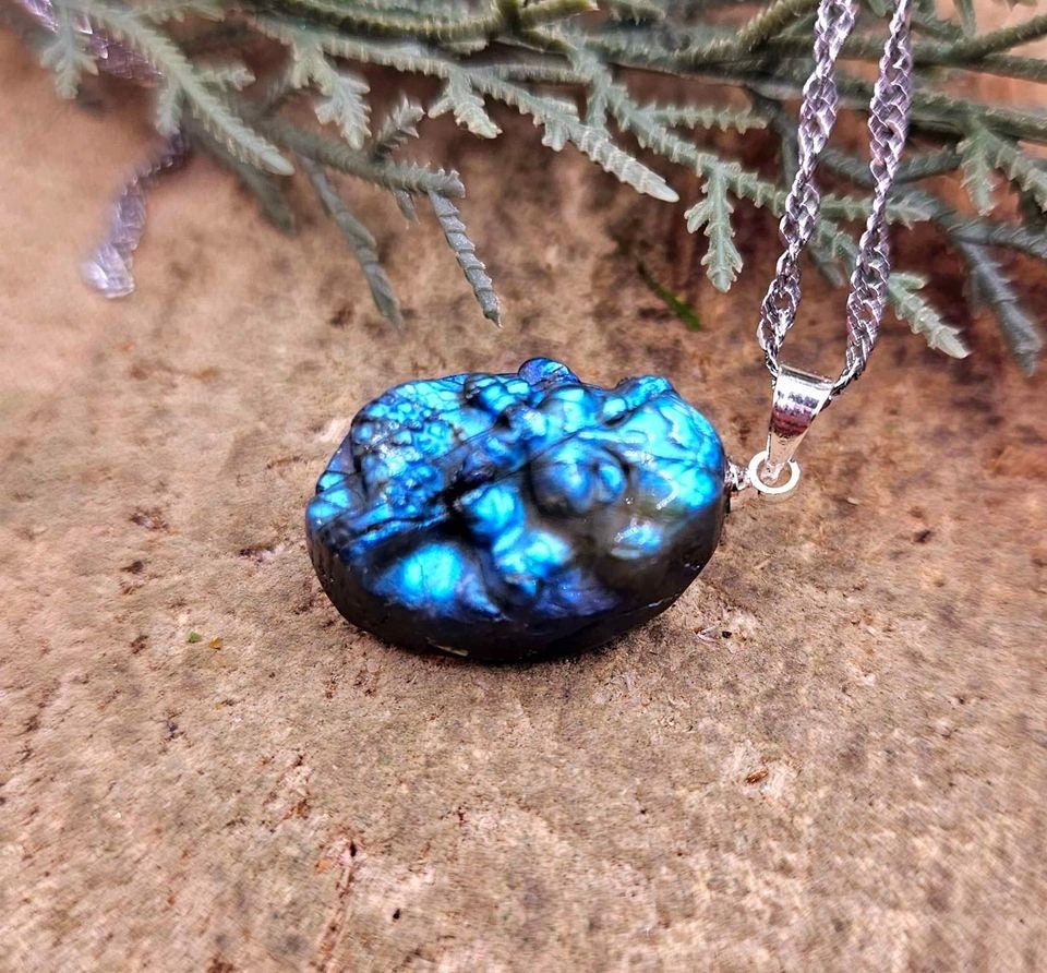 Nature Labradorite Carved Flashy Praying Mermaid Pendant Necklace