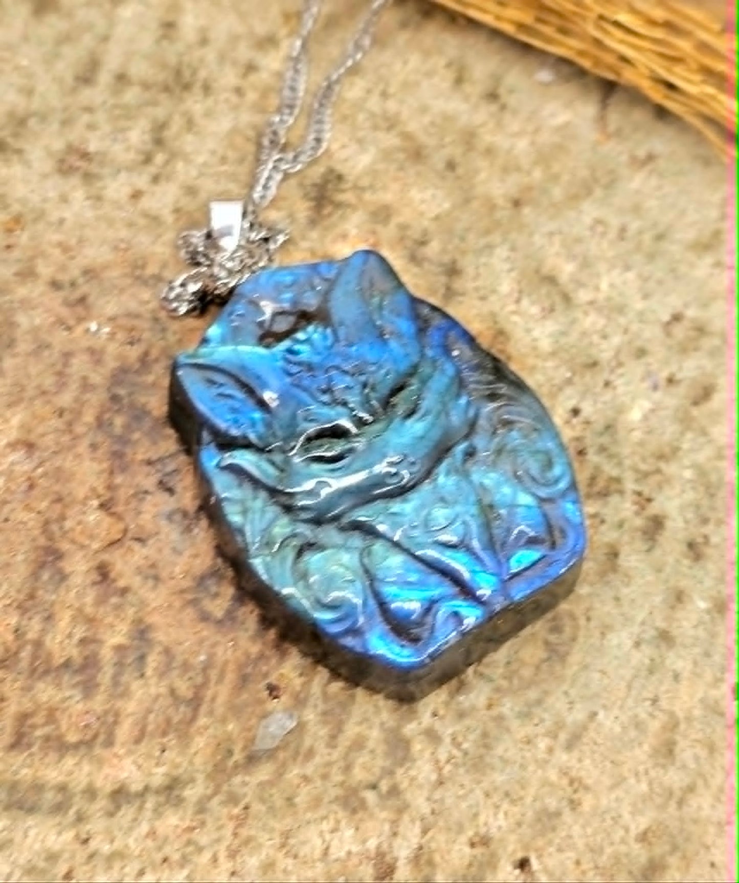 Labradorite carved sitting nine tails fox pendant necklace size reference — My Aura Gemstones