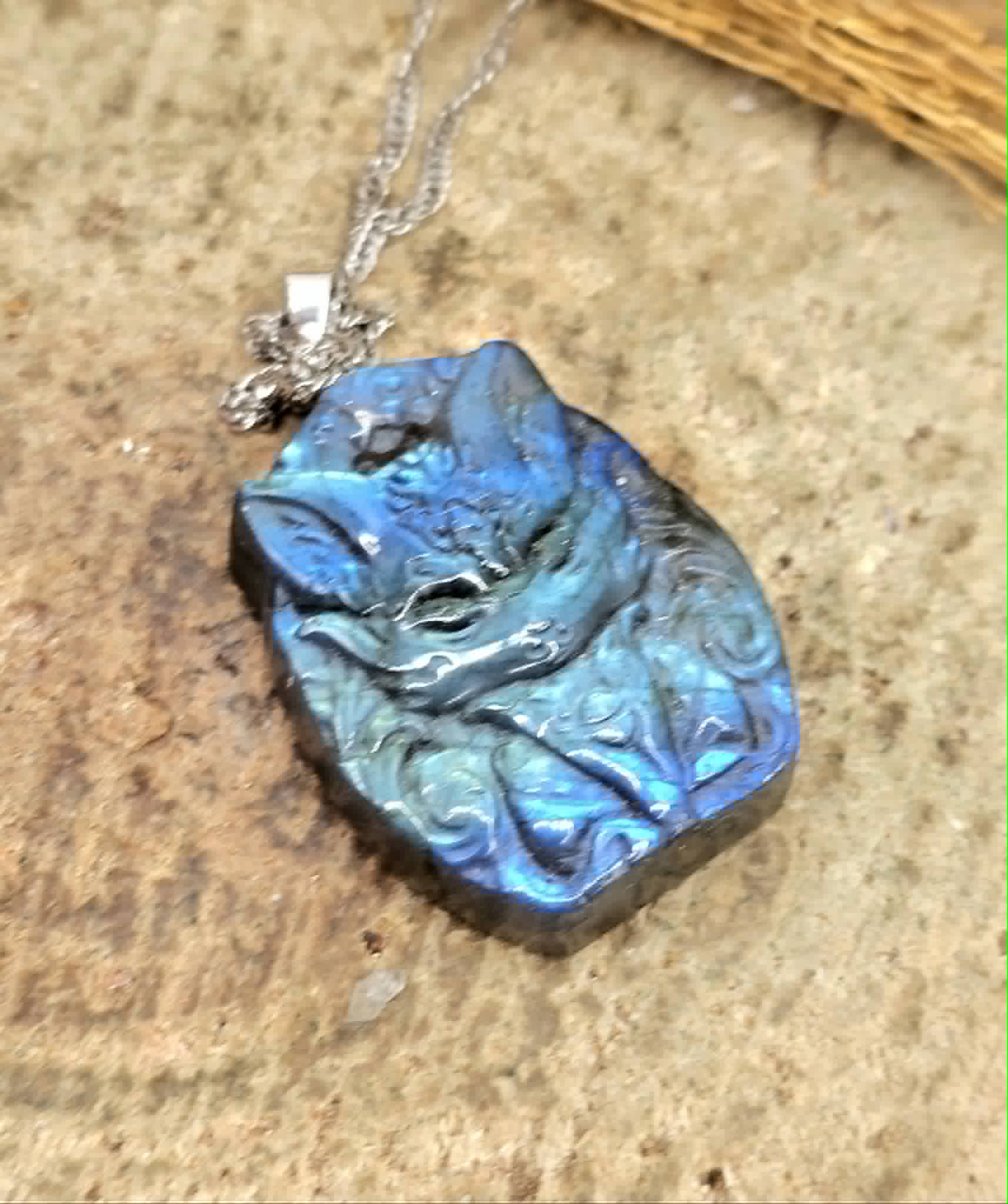 Labradorite carved sitting nine tails fox pendant necklace size reference — My Aura Gemstones