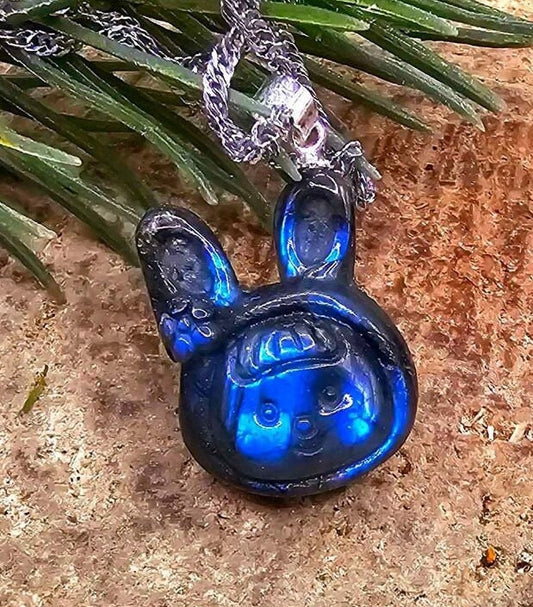 Nature Labradorite Carved Flashy Cute Rabbit Girl Pendant Necklace