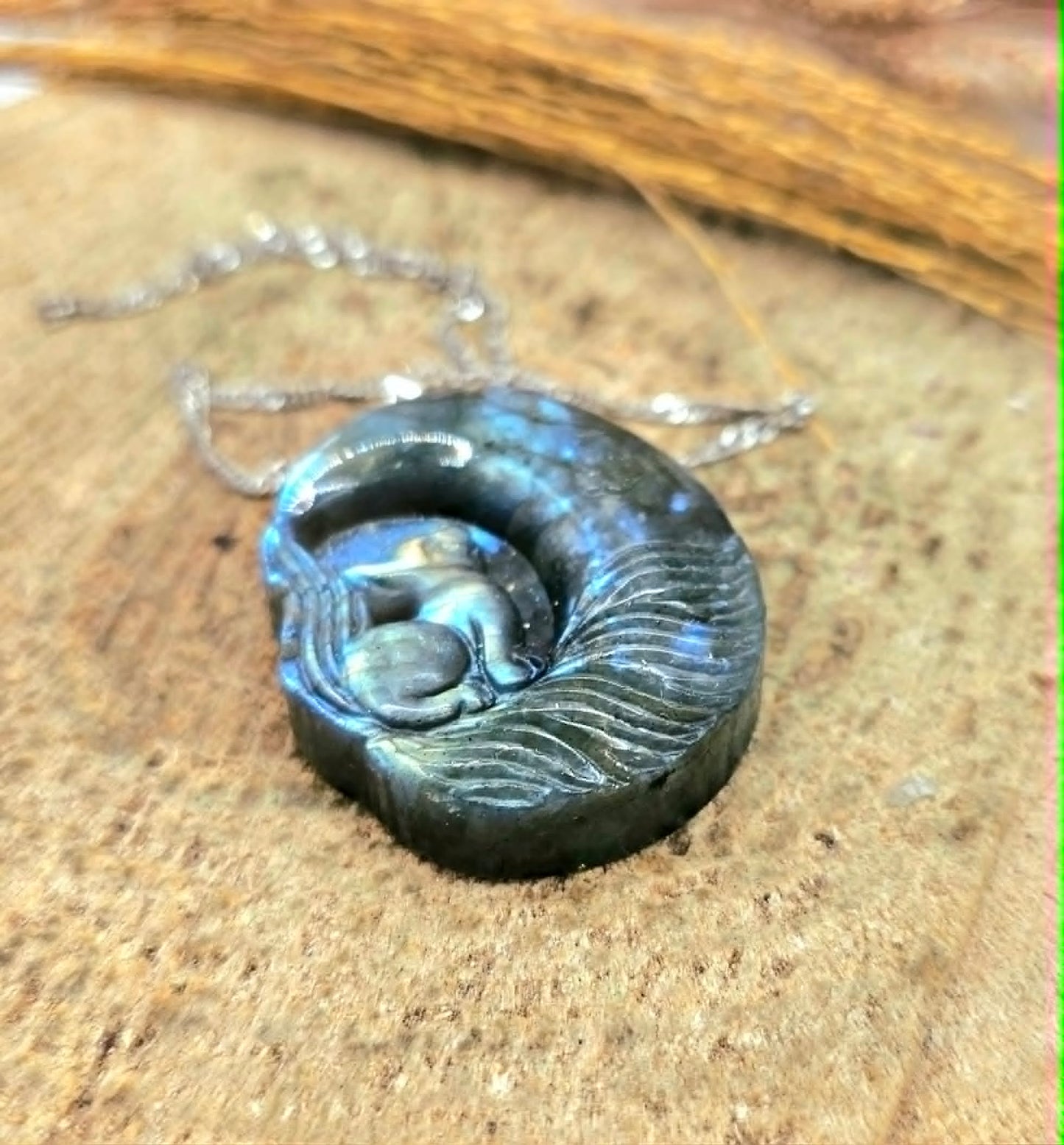 Labradorite nine tails fox and moon pendant necklace lifestyle view — My Aura Gemstones