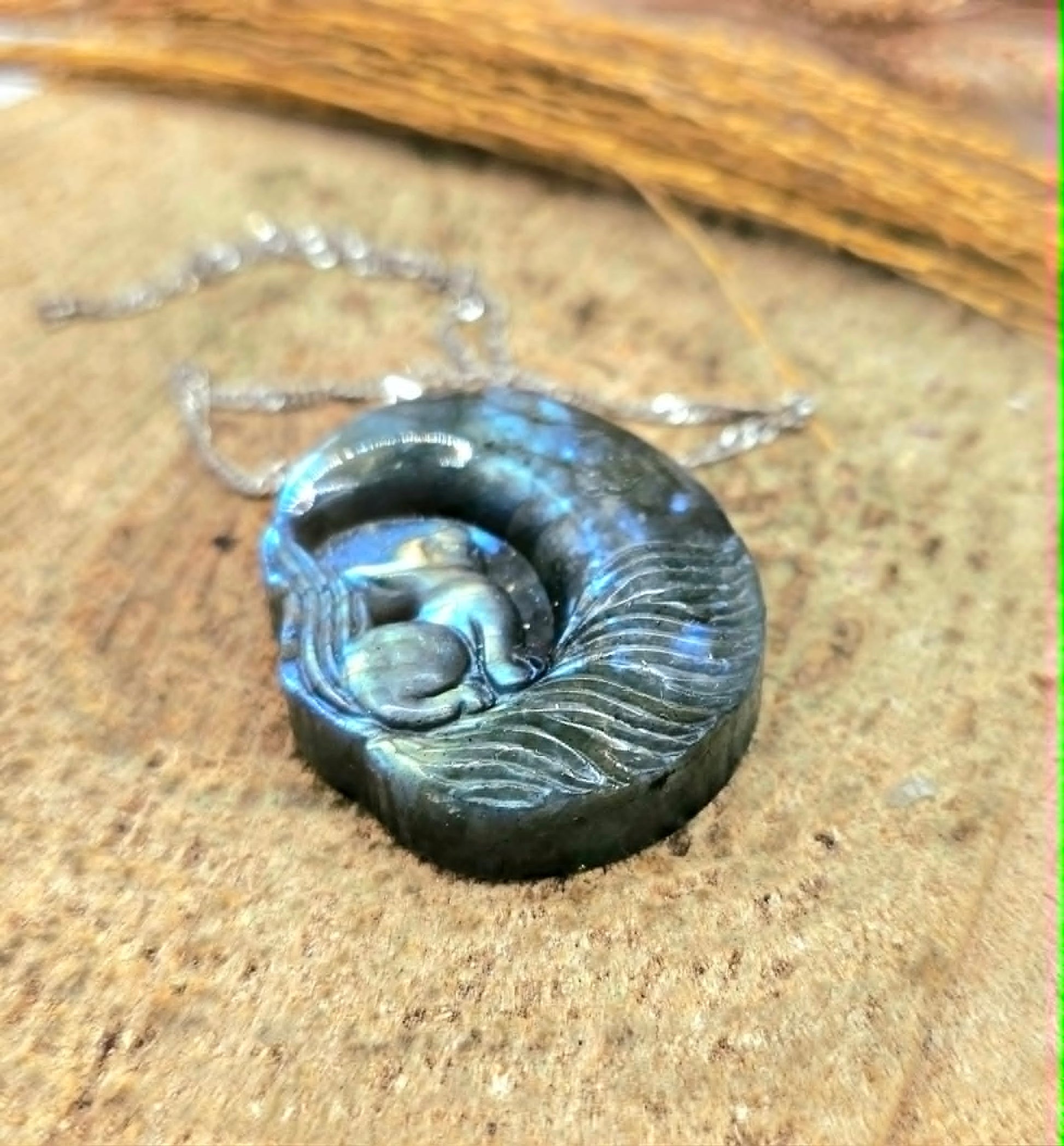Labradorite nine tails fox and moon pendant necklace lifestyle view — My Aura Gemstones