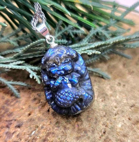 Nature Labradorite Carved Flashy Praying Mermaid Pendant Necklace