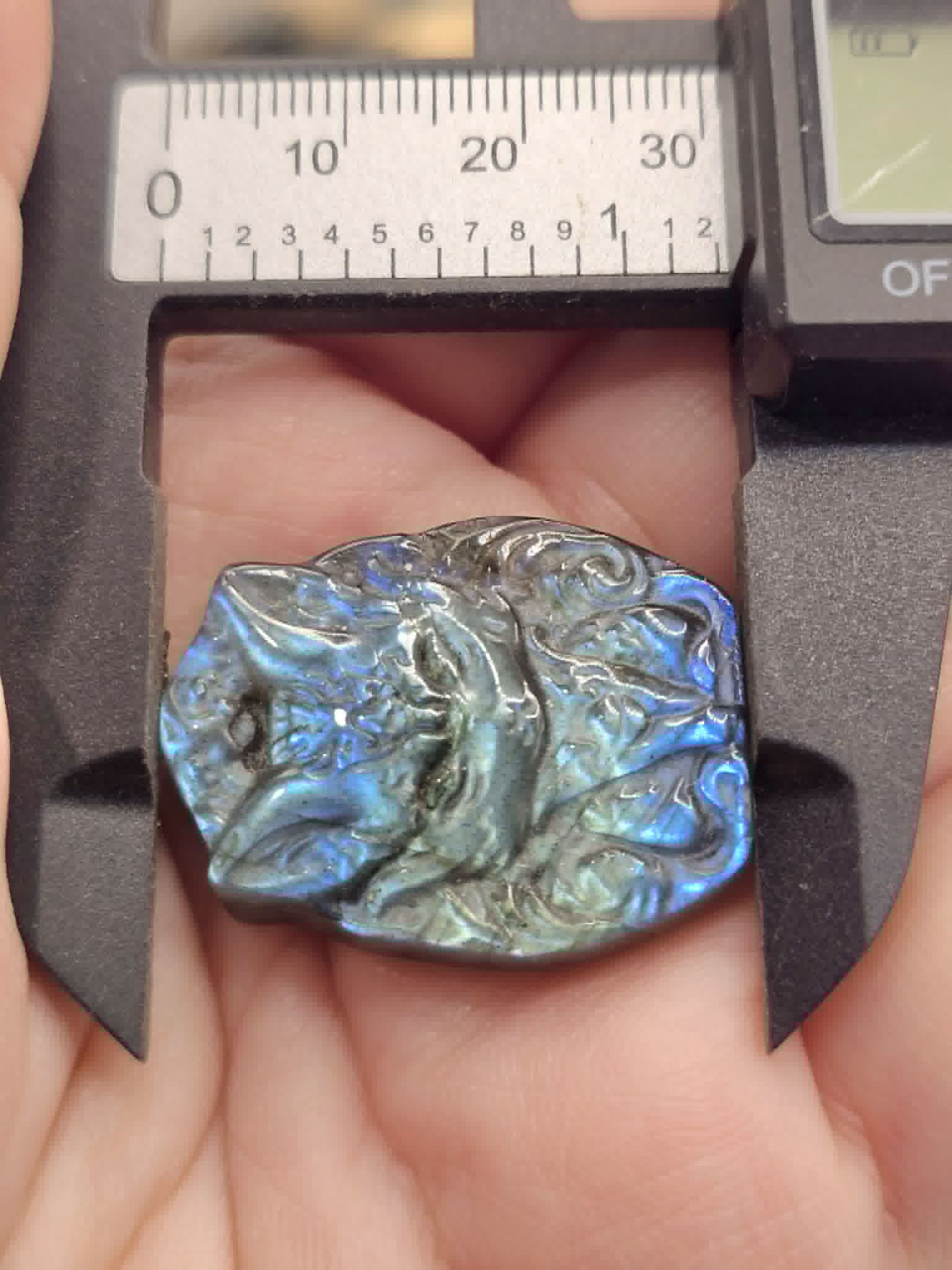 Labradorite moonstone carved sitting nine tails fox pendant necklace flash close-up — My Aura Gemstones