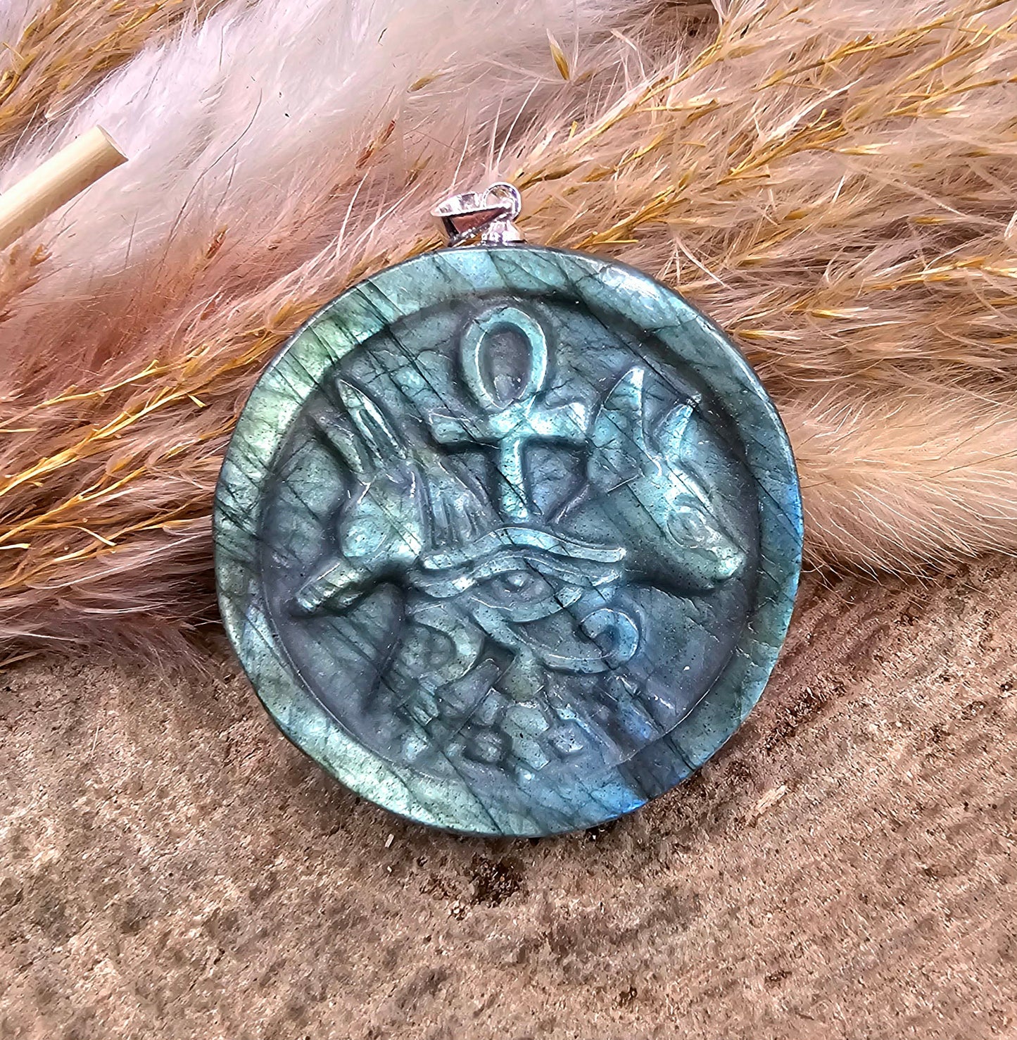 Nature Labradorite Carved Flashy Egyptian Symbols Pendant Necklace