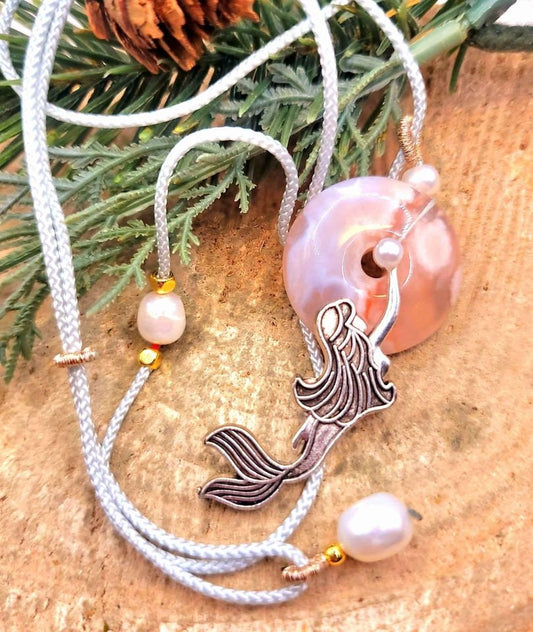 Beautiful Nature Cherry Blossom Agate Donut Swimming Mermaid Pearl Accent Necklace