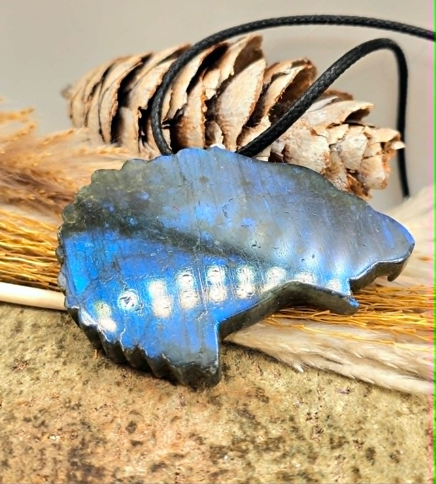 Labradorite flashy eagle head pendant necklace worn — My Aura Gemstones