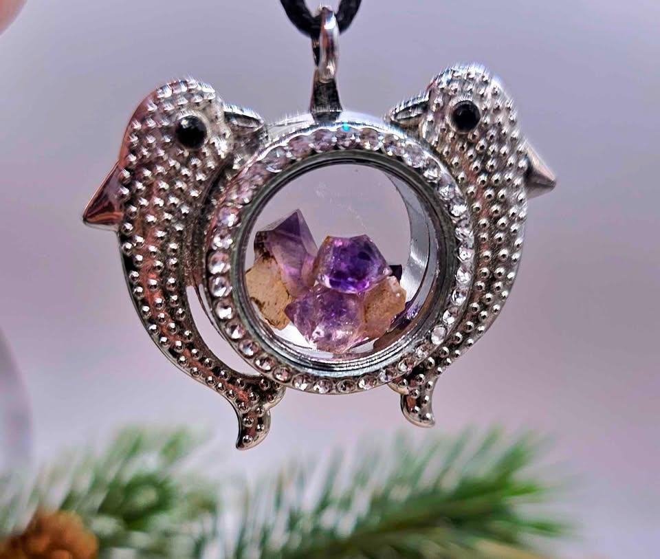 Dolphins Super Seven Raw Stone Floating Locket Necklace