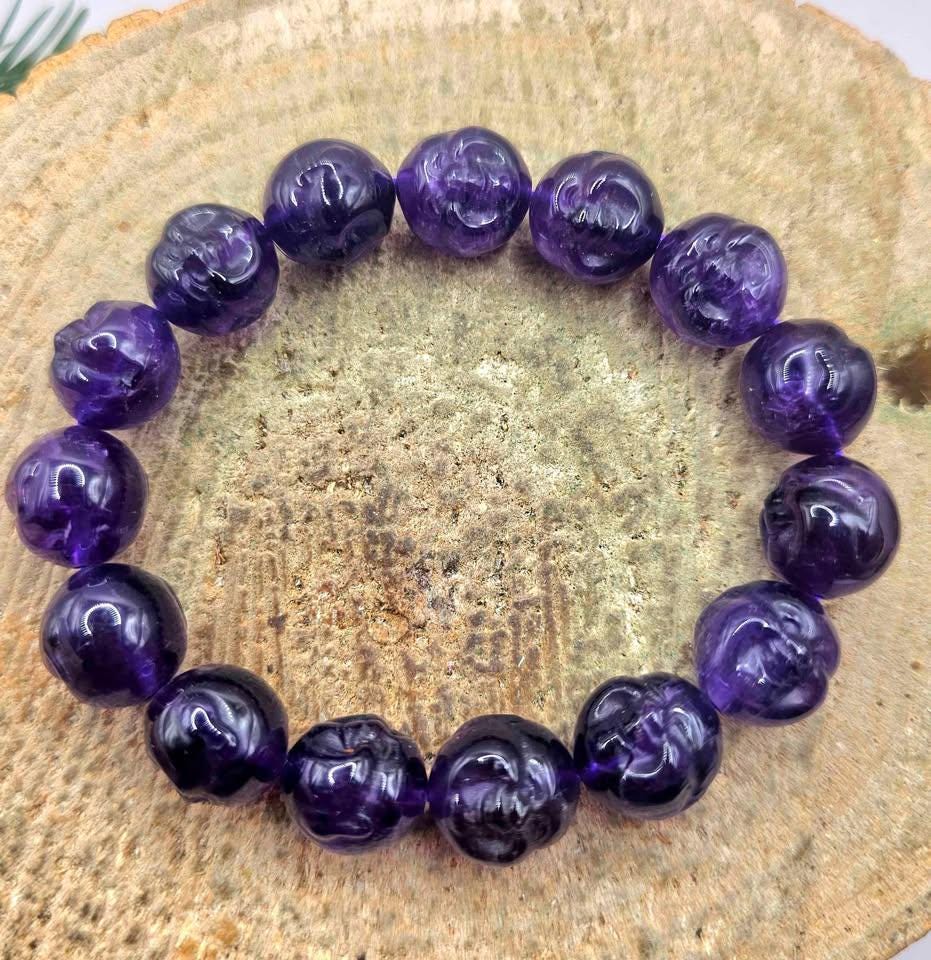 Rare Nature Amethyst Carved Happy Buddha Bead Bracelet