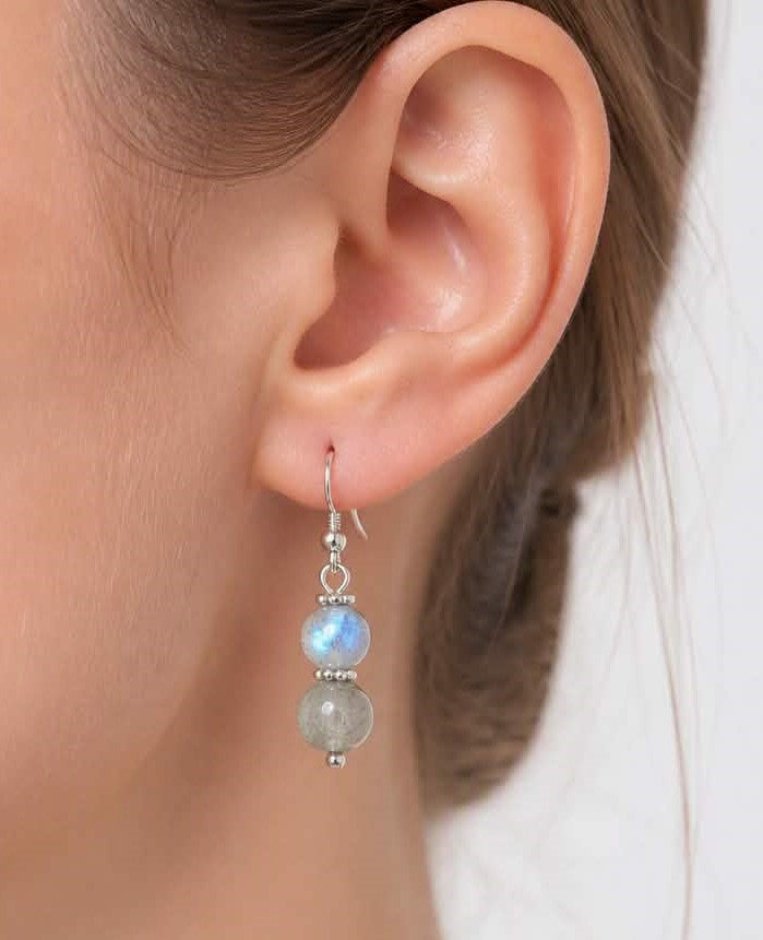 Natural labradorite flashy double round beads 925 dangle crystal earring — My Aura Gemstones
