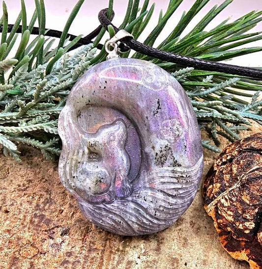 Nature Labradorite Carved Flashy Nine Tails fox On Moon Pendant Necklace