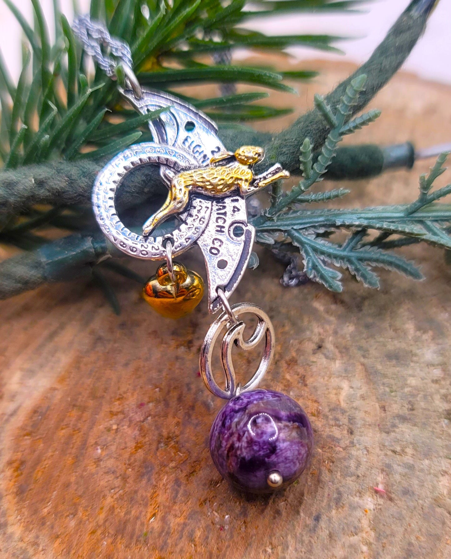 Nature Purple Charoite With Flying Rabbit Charm Pendant Necklace