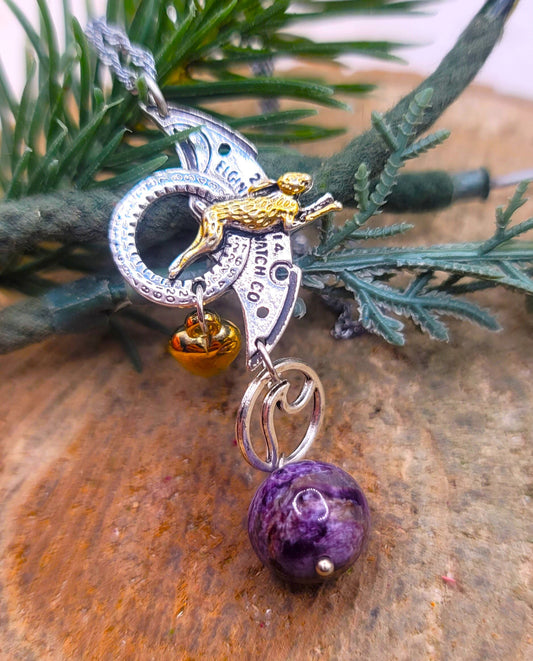 Nature Purple Charoite With Flying Rabbit Charm Pendant Necklace