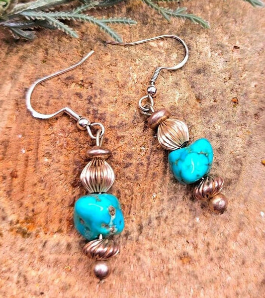 Beautiful Nature Turquoise Raw Stone Sterling S925 Dangle Earring