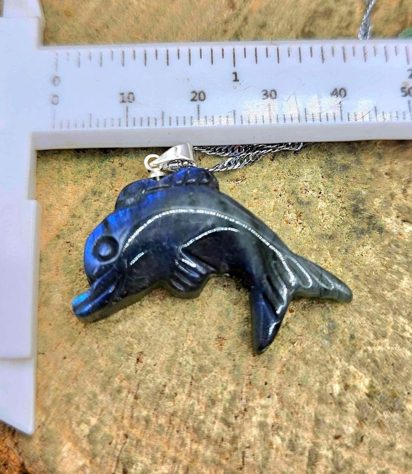 Nature Labradorite Carved Flashy Cute Dolphin Pendant Necklace