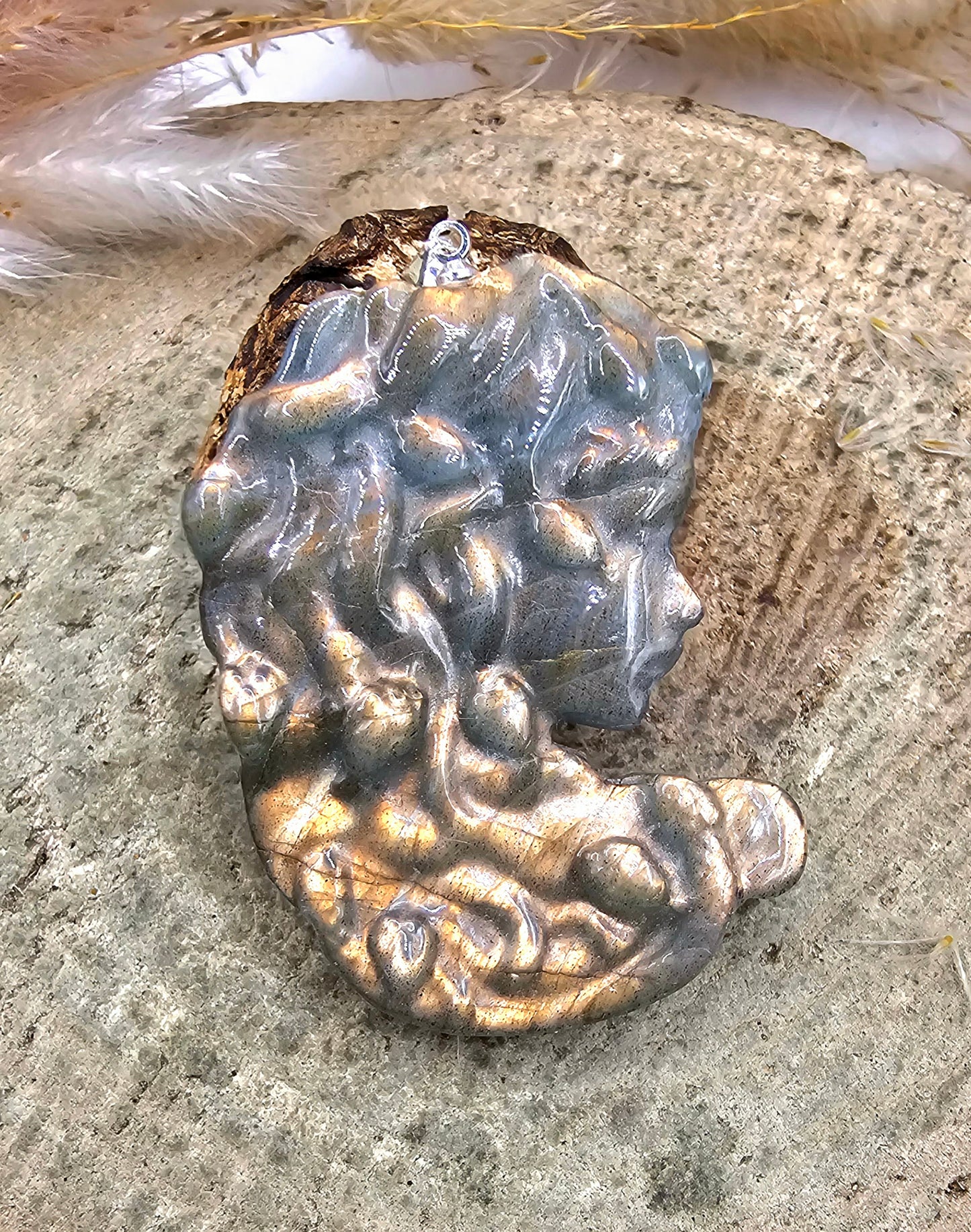 Nature Labradorite Carved Flashy Medusa Big Pendant Necklace