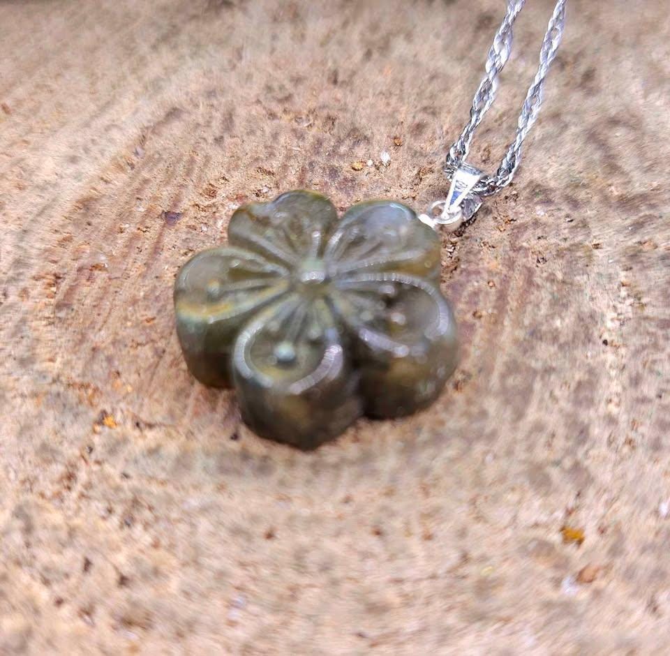 Nature Labradorite Carved Flashy Cherry Blossom Pendant Necklace