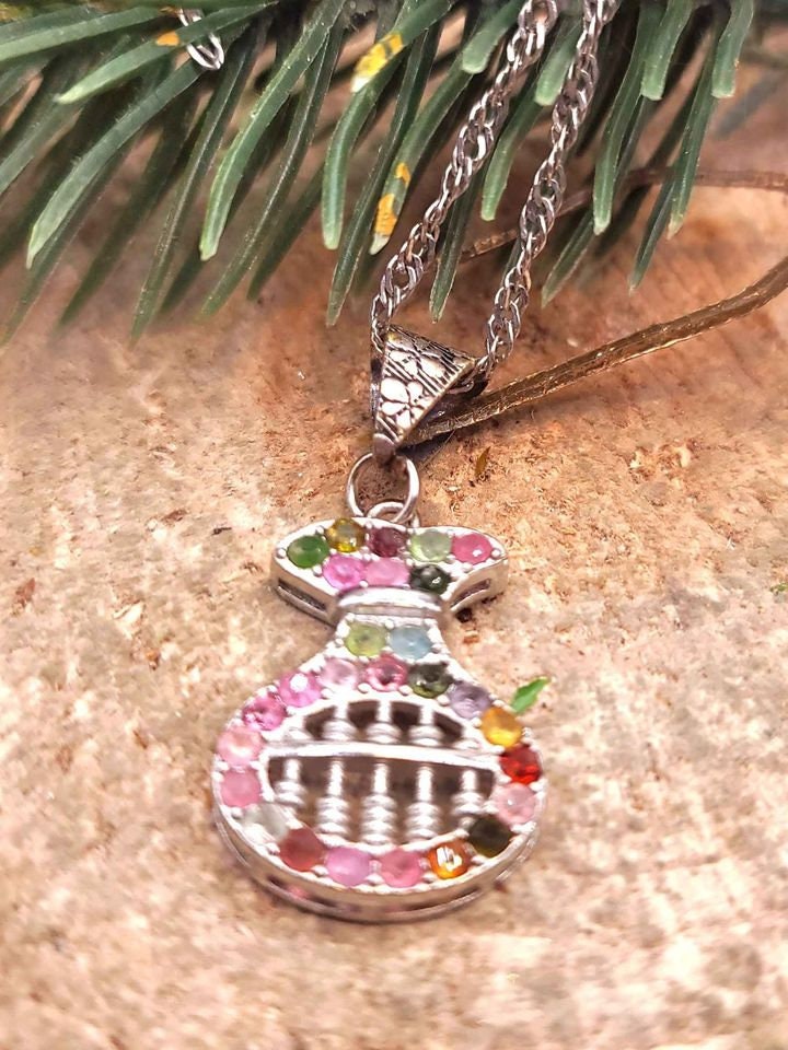 Unique Nature Mixed Color Tourmalines Coin Bag Shape Abacus Pendant Necklace