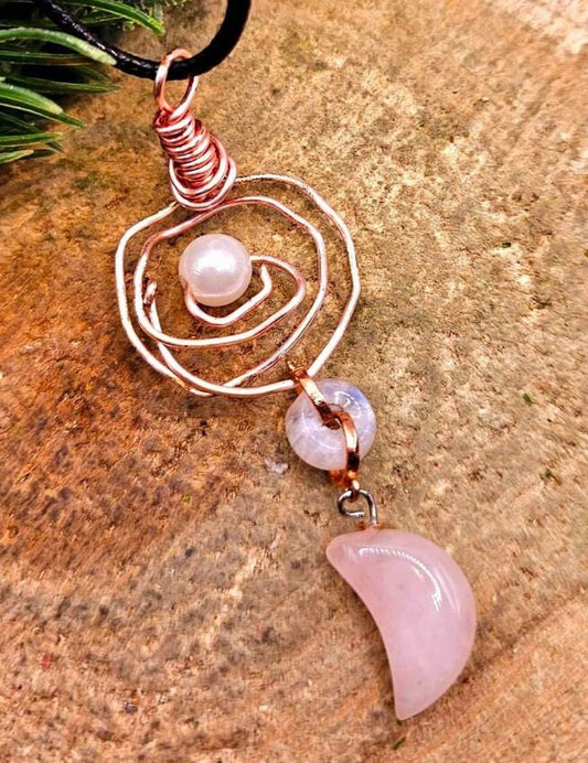 Unique Nature Moon Stone & Rose Quartz Moon Wire Wrapped Orbit Pendant Necklace