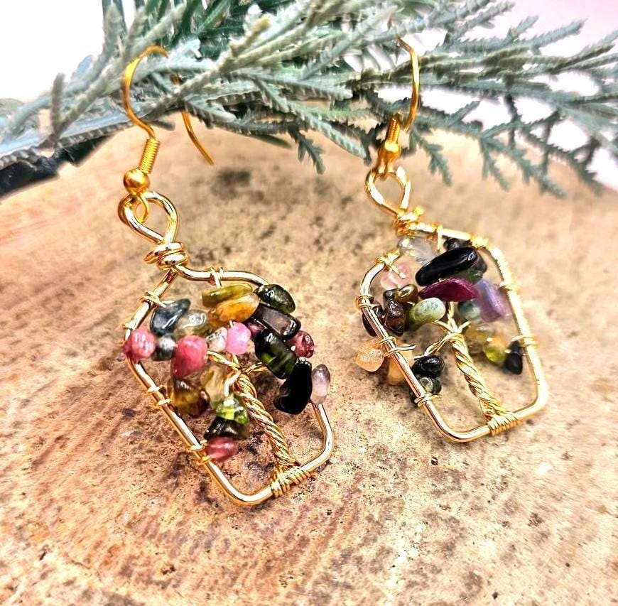 Nature Tourmaline Chips Tree of Life Earring