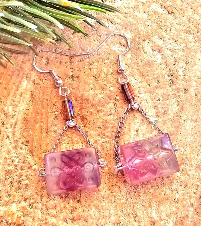 Unique Nature Rainbow Fluorite Blessing Fret Symbols Block S925 Dangle Earring