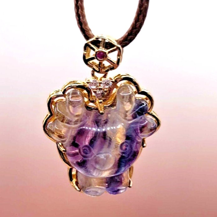 Nature Rainbow Fluorite Carved Deer Gold Wrapped Pendant Necklace