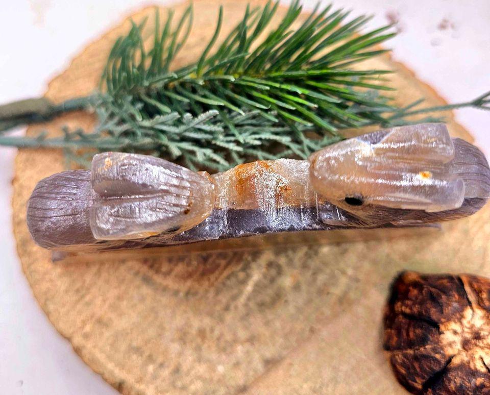 Nature Agate Slice Hand Carved Rabbit Pair On Hill  4.5" Figure.