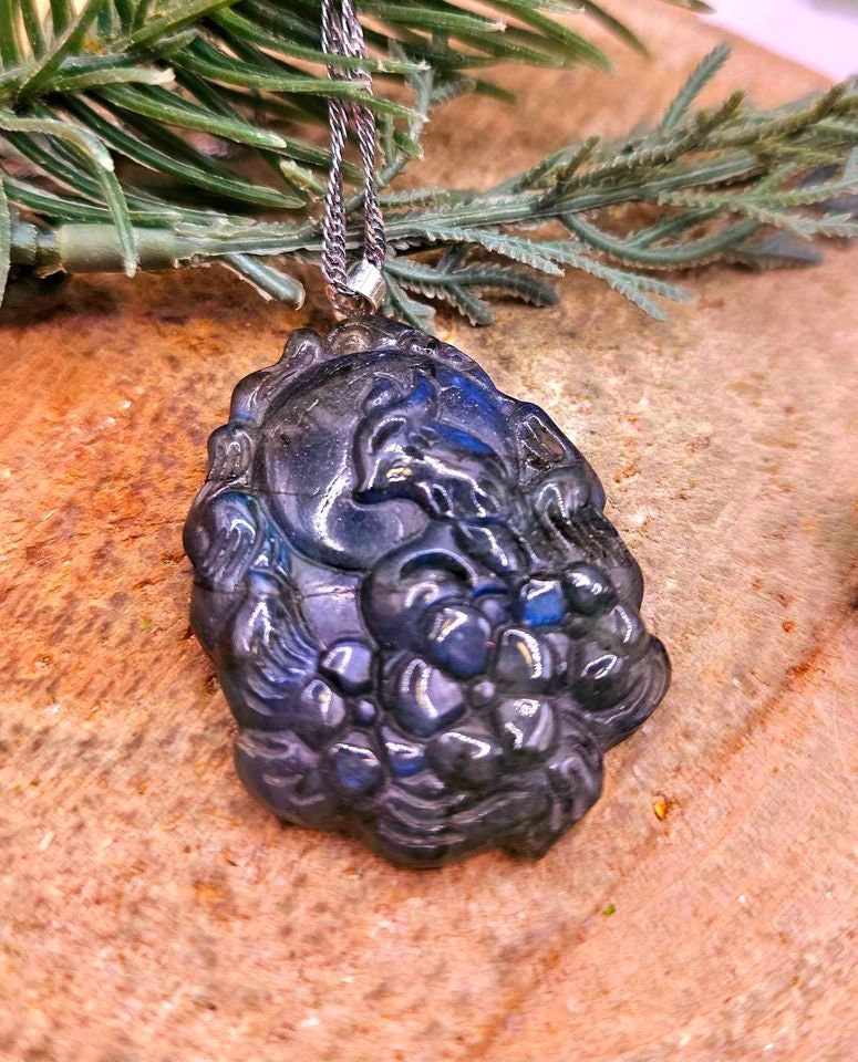 Beautiful Nature Labradorite Nine Tails Fox Cherry Blossom Pendant Necklace
