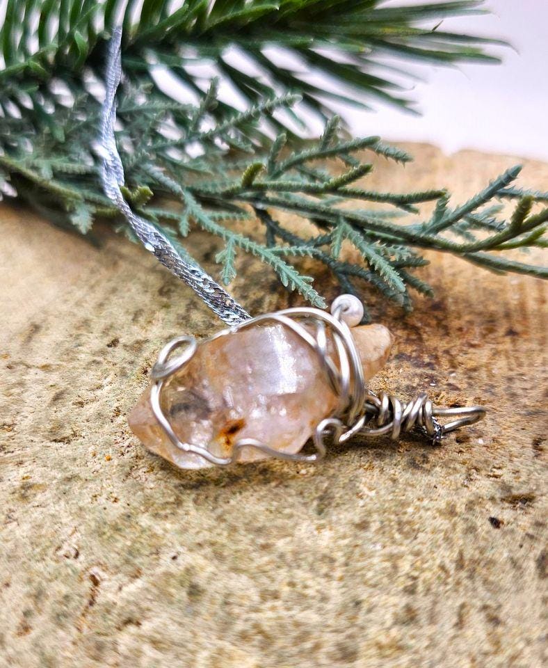 Beautiful Nature Skeletal Fenster Quartz Point Wire Wrapped Pendant Necklace