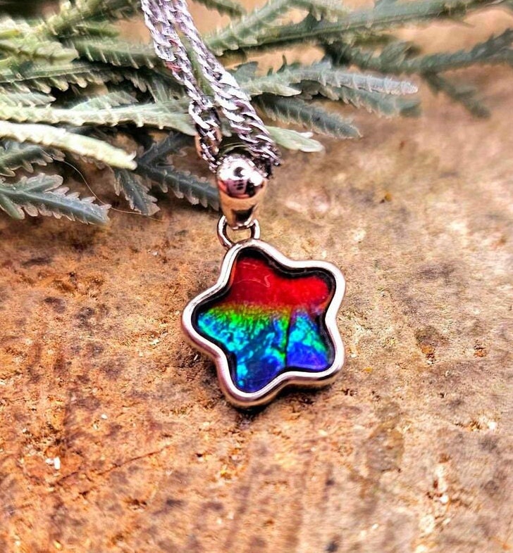 Premium Grade Nature Canadian Ammolite 925 Star Pendant Necklace