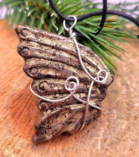 Nature Gold Pyrite Big Butterfly Wing Pendant Necklace