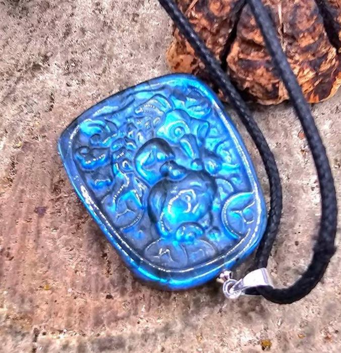 Nature Labradorite Lucky Cat On Carp Pendant Necklace