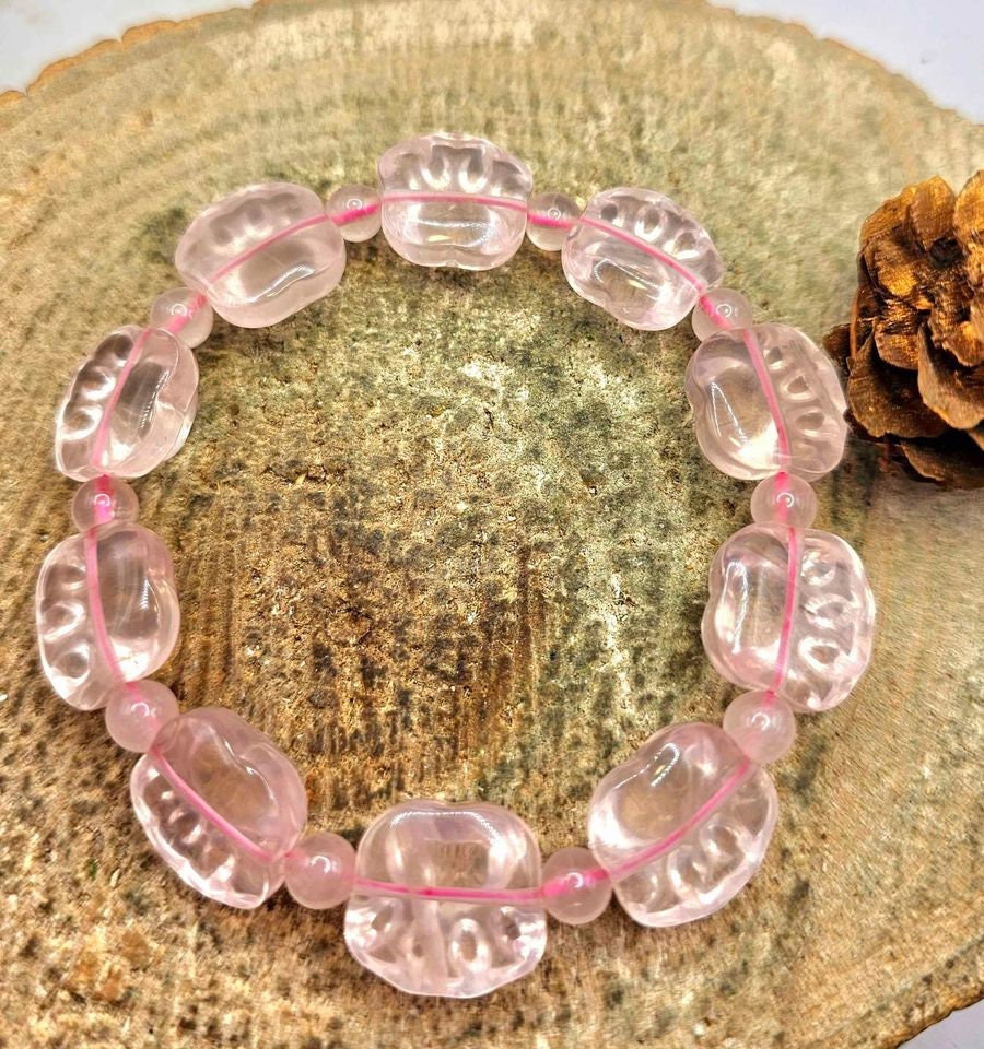 Premium Nature Rose Quartz Carved Cute Paw Beads Bracelet