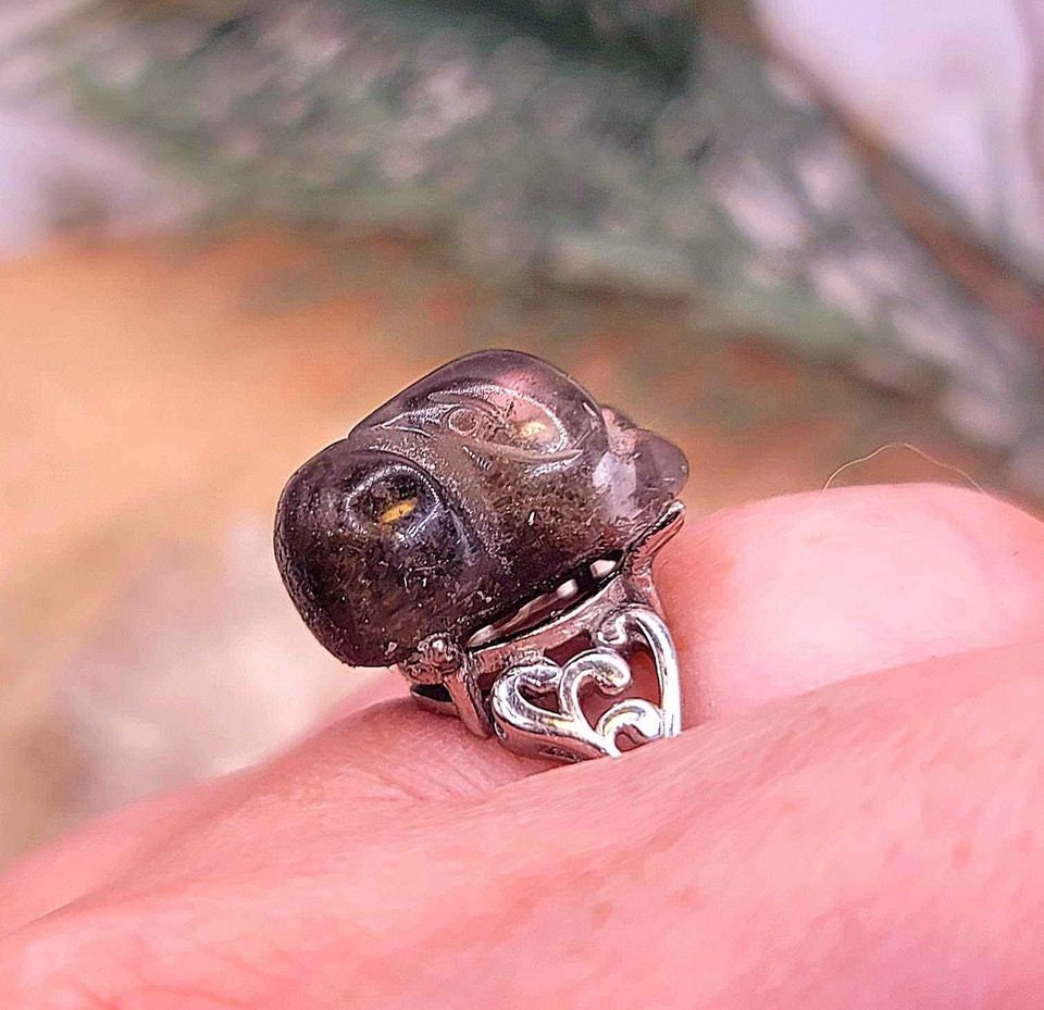 Beautiful Nature Phantom Quartz Hand Carved Fox Adjustable Ring