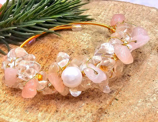 Beautiful Nature Rose Quartz White Crystals Chips Wire Wrapped Open Bangle