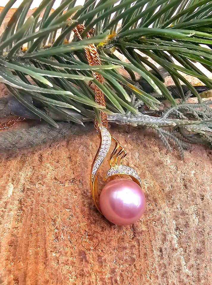 Nature Pinkish Purple Pearl S925 CZ Stone Pendant Necklace