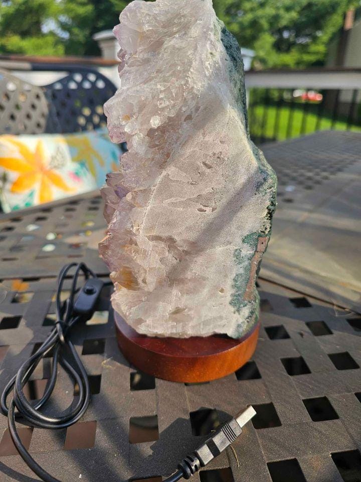 Large Amethyst Geode Cluster Lamp With Wood Lamp Base