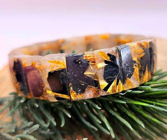 Premium Gold Rutilated Titanium Flower Rectangular Beads Feng Shui Bracelet