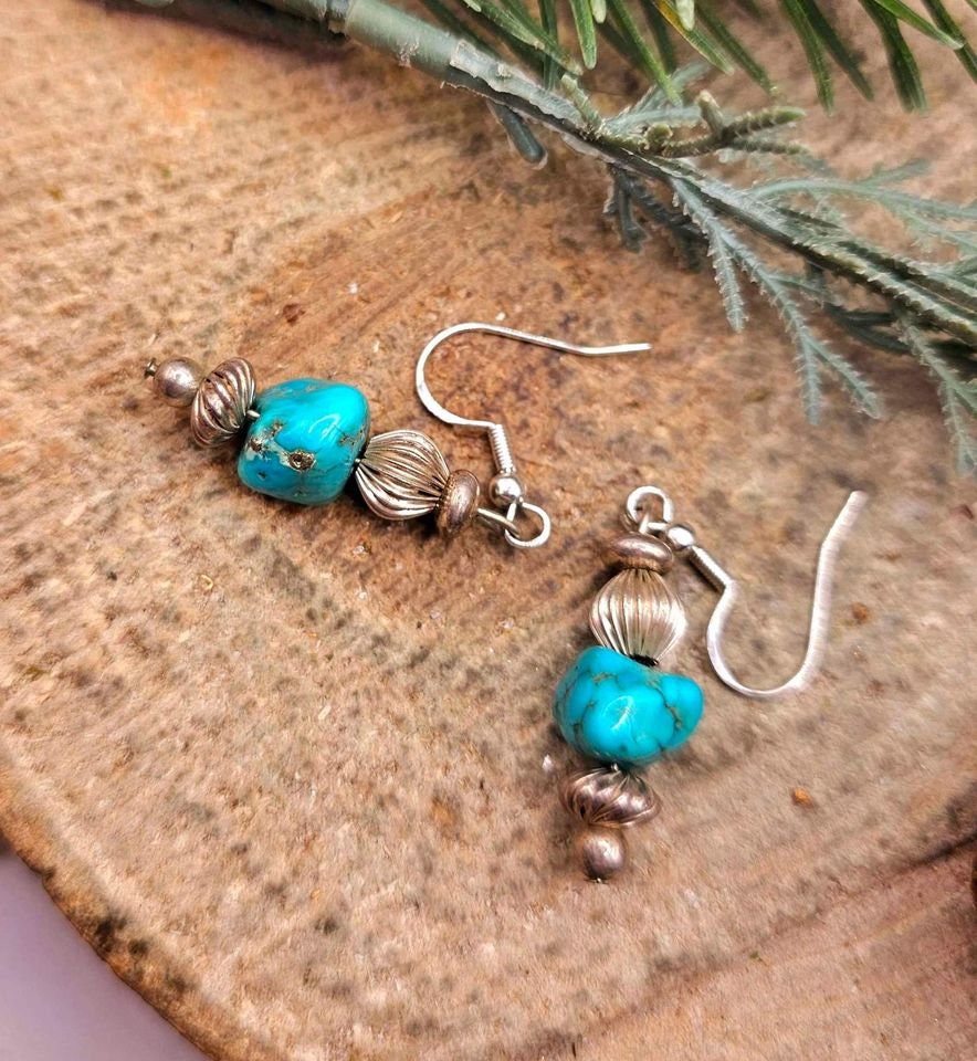 Beautiful Nature Turquoise Raw Stone Sterling S925 Dangle Earring