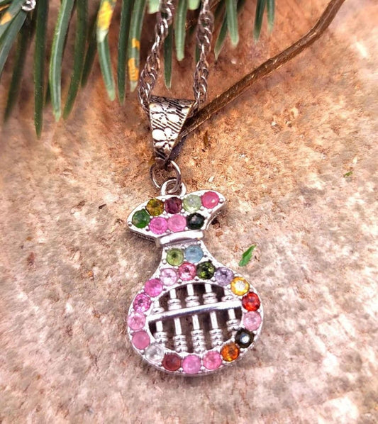 Unique Nature Mixed Color Tourmalines Coin Bag Shape Abacus Pendant Necklace