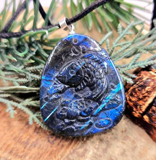 Nature Labradorite Carved Flashy Lotus & Carp Pendant Necklace