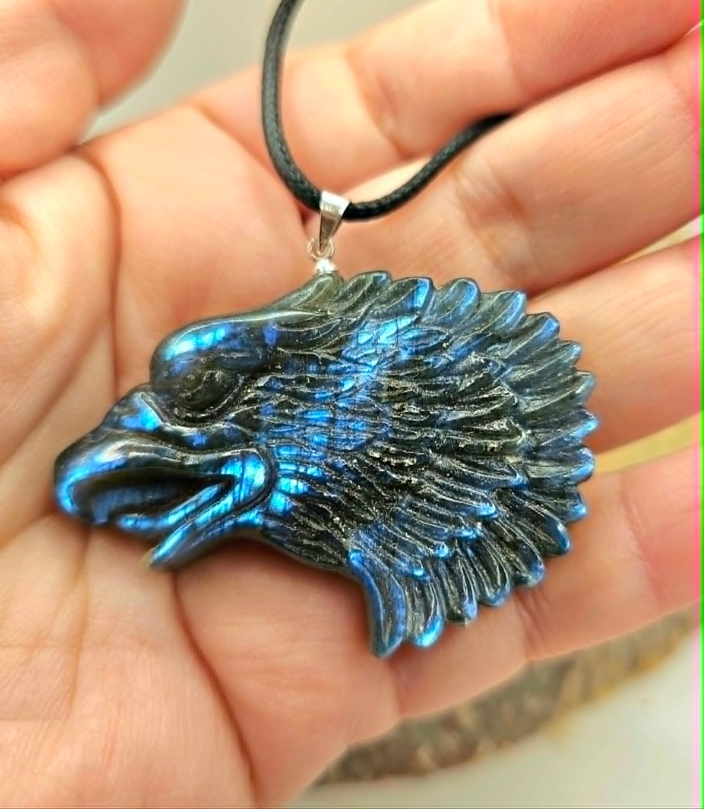 Labradorite flashy eagle head pendant necklace alternate angle — My Aura Gemstones